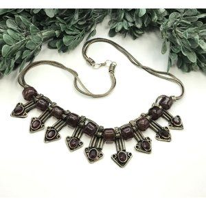 Necklace silver tone with purple glass beads art deco design 16" length